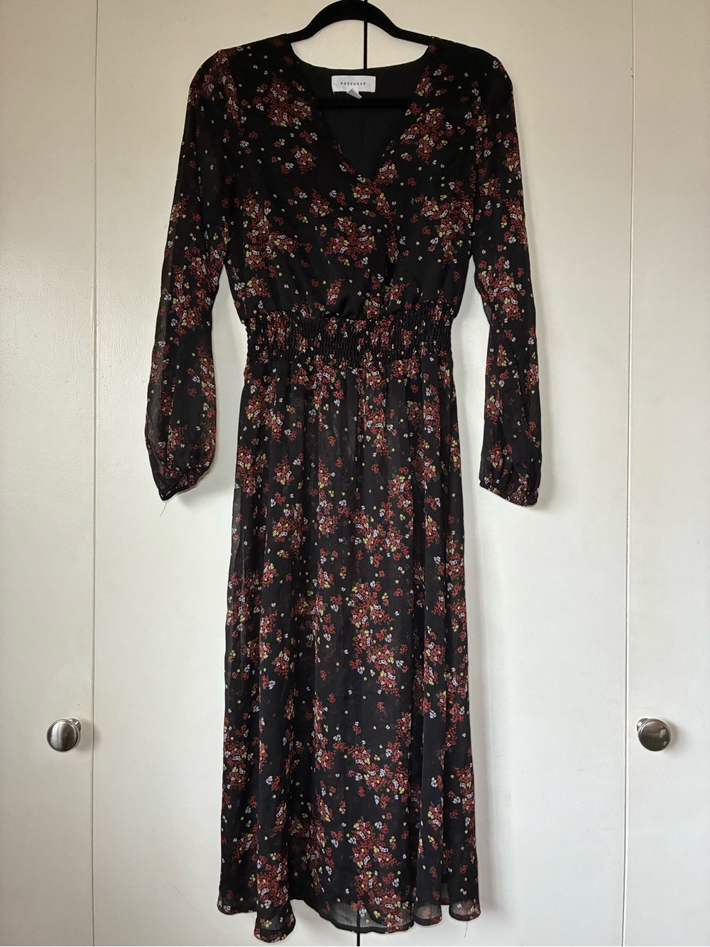 Black Floral Long-Sleeve Midi Dress with Smocked Waist